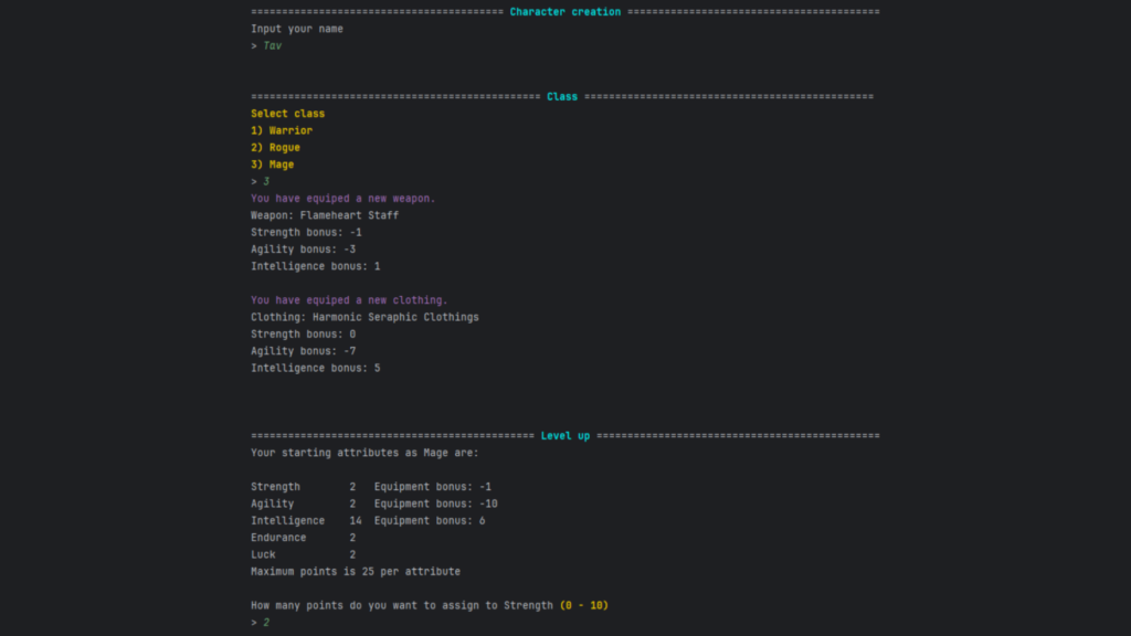 Text Adventure character creation screenshot