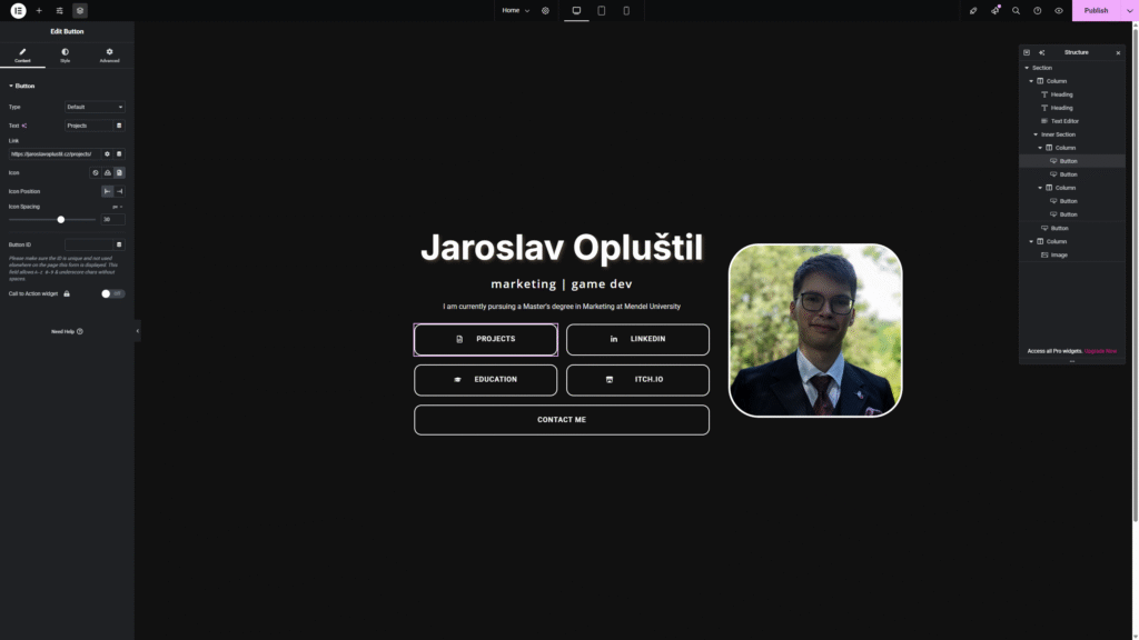 New homepage in edit mode in Builder plugin
